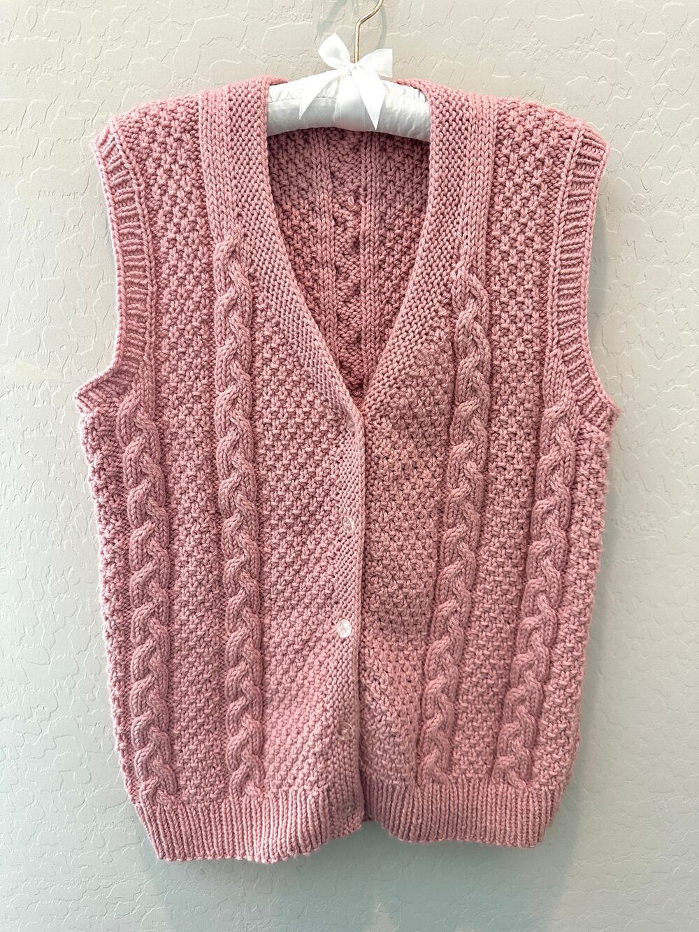 HANDMADE Pink Cable Knit Sweater Vest Chunky Cottagecore Grandpa Core Cozy Vest